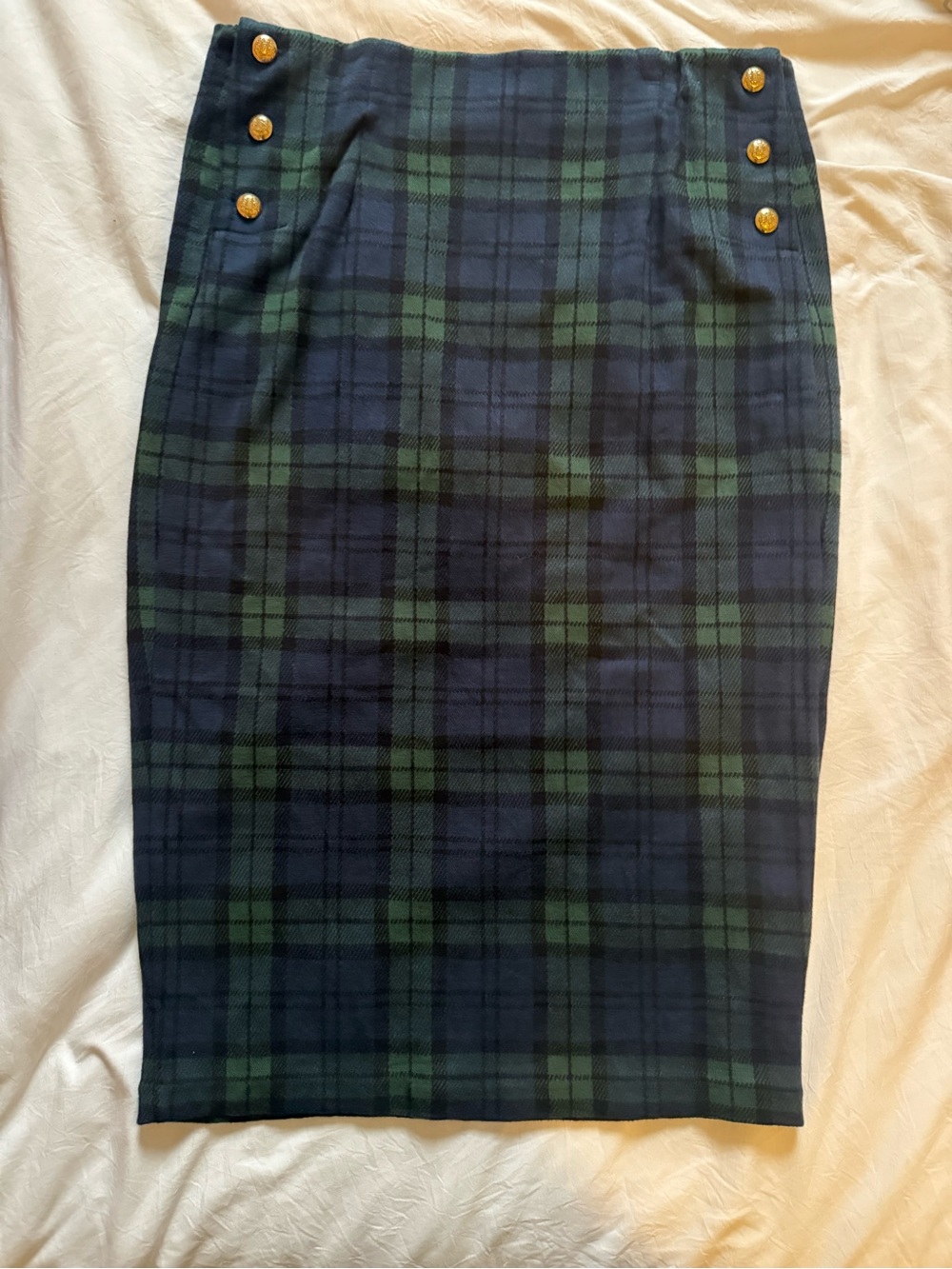 Ralph Lauren Navy and Green Plaid Pencil Skirt with Gold Buttons